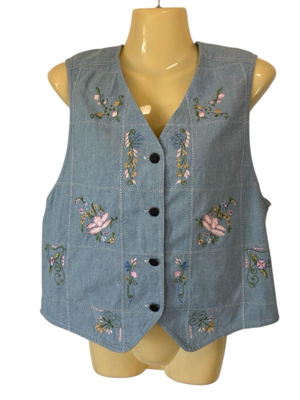 Liz Wear Embroidery Vest Floral Patchwork Vintage 90 Light Blue Denim Med Petite